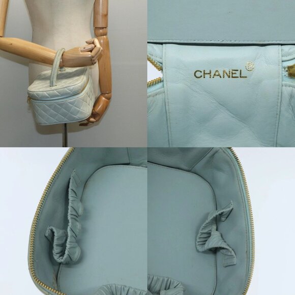 CHANEL Matelasse Vanity Cosmetic Pouch Lamb Skin Blue Gold CC Auth yk15445 - Picture 15 of 16